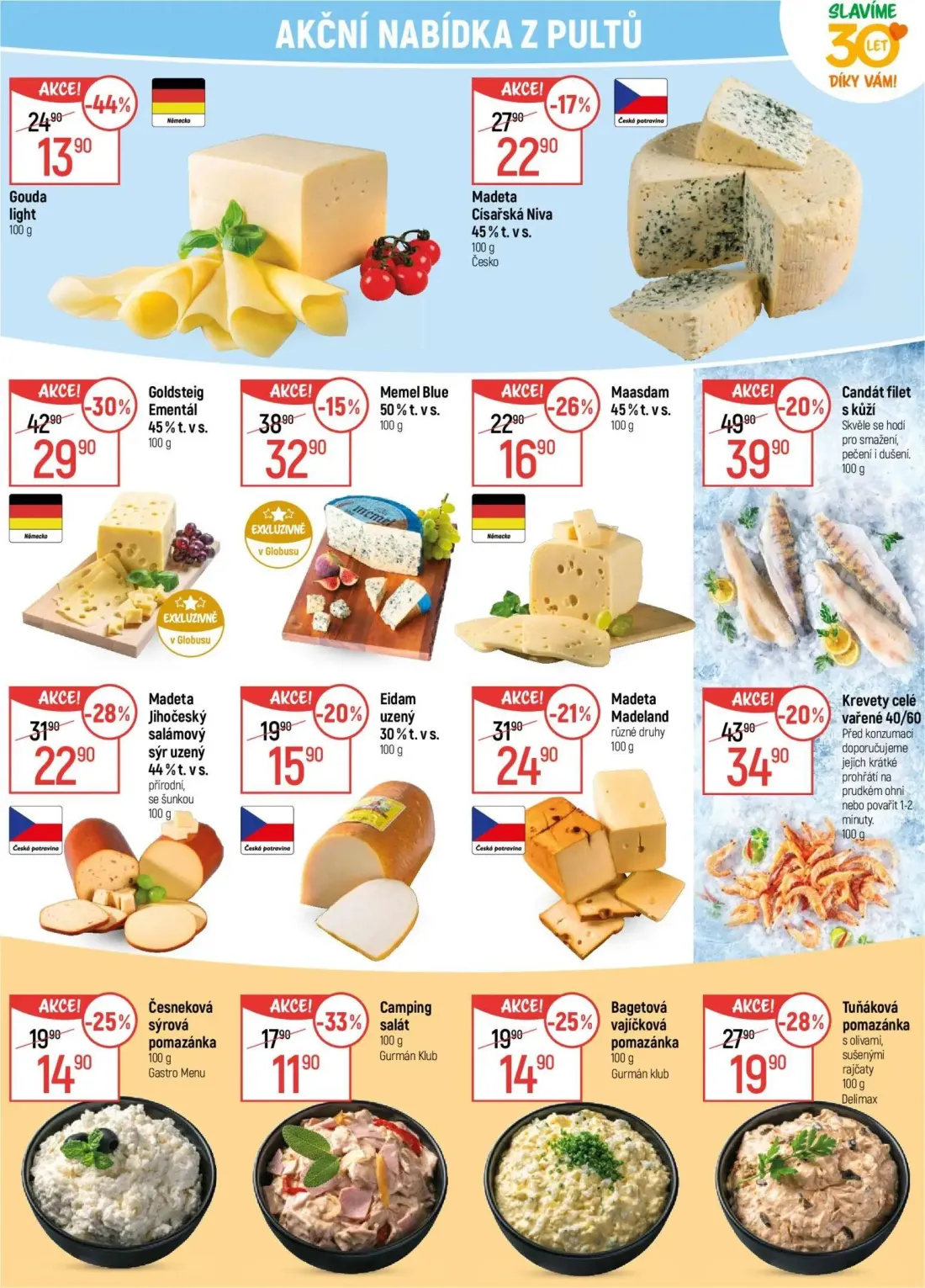GLOBUS leták, strana 8 z 43 — Goldsteig Ementál, Gouda light, Candát filet s kůží