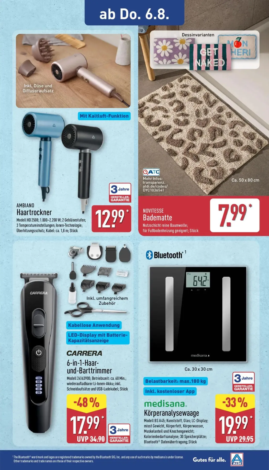 Aldi Nord Prospekt, Seite 23 von 40 — CARRERA 6-in-1-Haar-und-Barttrimmer, medisana. Körperanalysewaage, AMBIANO Haartrockner