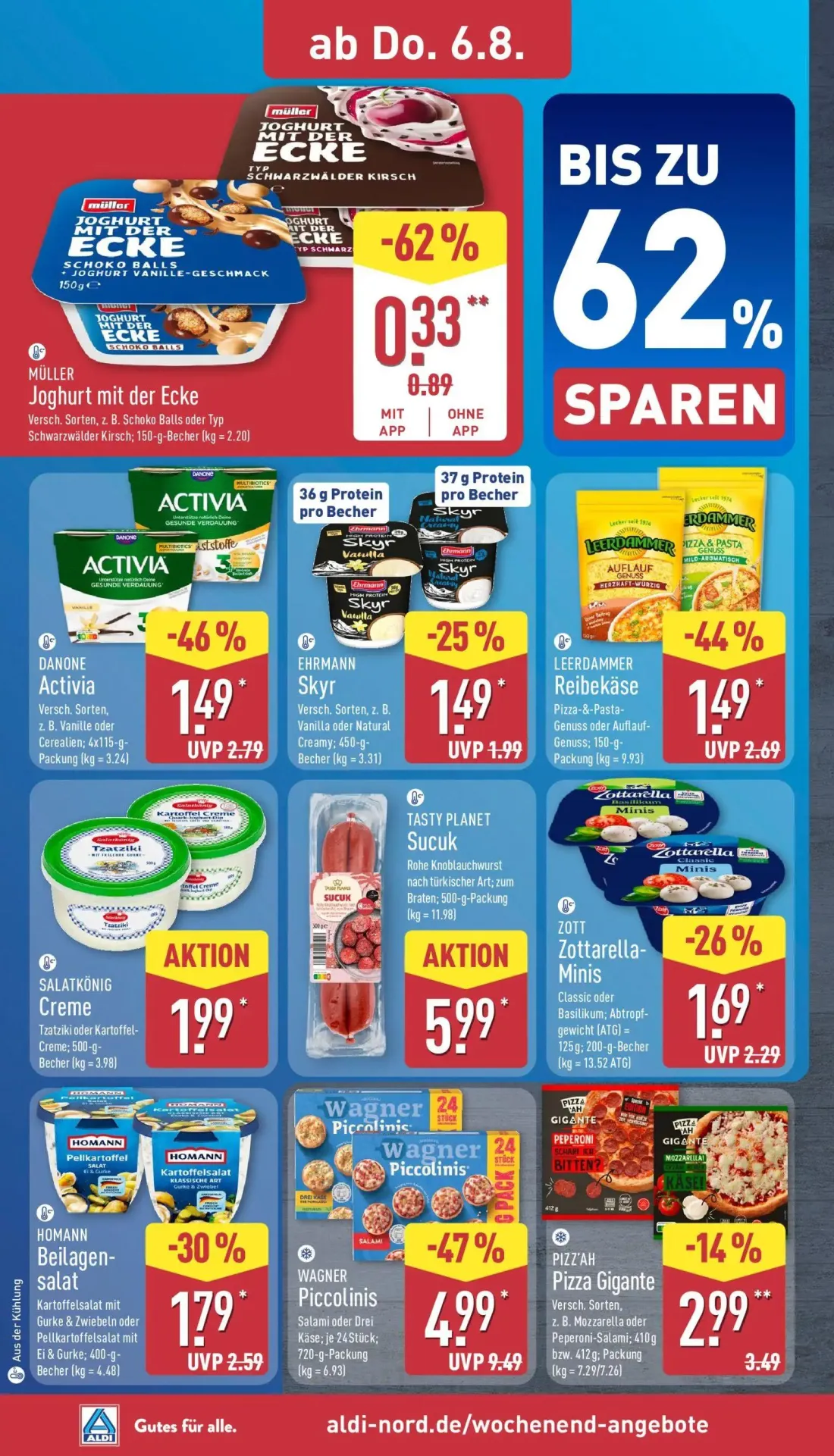 Aldi Nord Prospekt, Seite 28 von 40 — WAGNER Piccolinis, DANONE Activia, LEERDAMMER Reibekäse