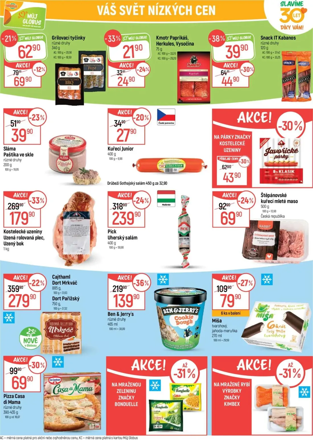 GLOBUS leták, strana 23 z 43 — Kostelecké uzeniny Uzená rolovaná plec, Uzený bok, Cajthaml Dort Mrkváč, Ben & Jerry's