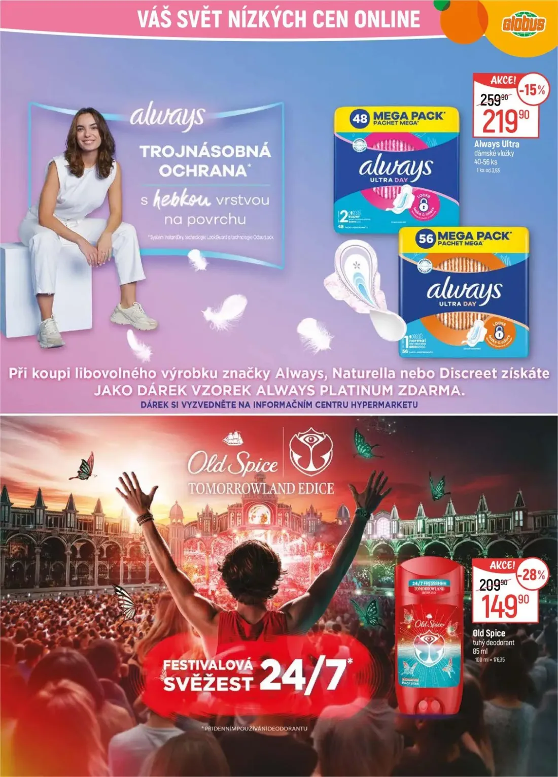 GLOBUS leták, strana 31 z 43 — Old Spice tuhý deodorant, Always Ultra dámské vložky