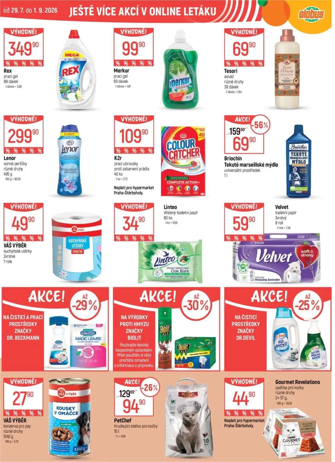 GLOBUS leták, strana 41 z 43 — Briochin Tekuté marseillské mýdlo, PetChef hrudkující stelivo pro kočky, Rex prací gel