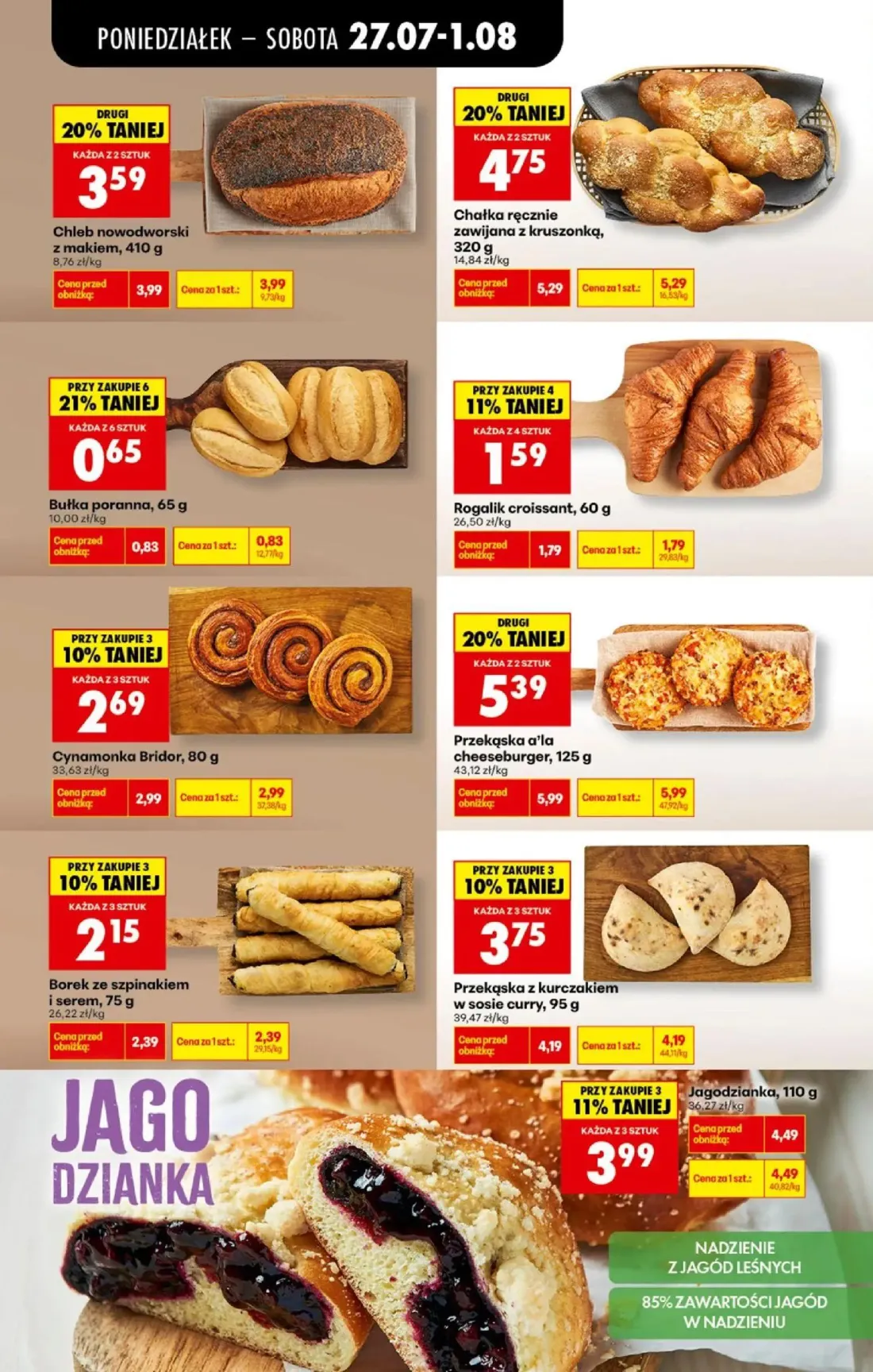Biedronka gazetka, strona 42 z 93 — Przekąska a'la cheeseburger, Chałka ręcznie zawijana z kruszonką, Jagodzianka