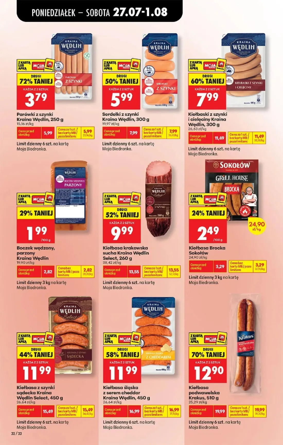 Biedronka gazetka, strona 46 z 93 — Kiełbasa podwawelska Krakus, Kiełbasa śląska z serem cheddar Kraina Wędlin, Kiełbasa kra…