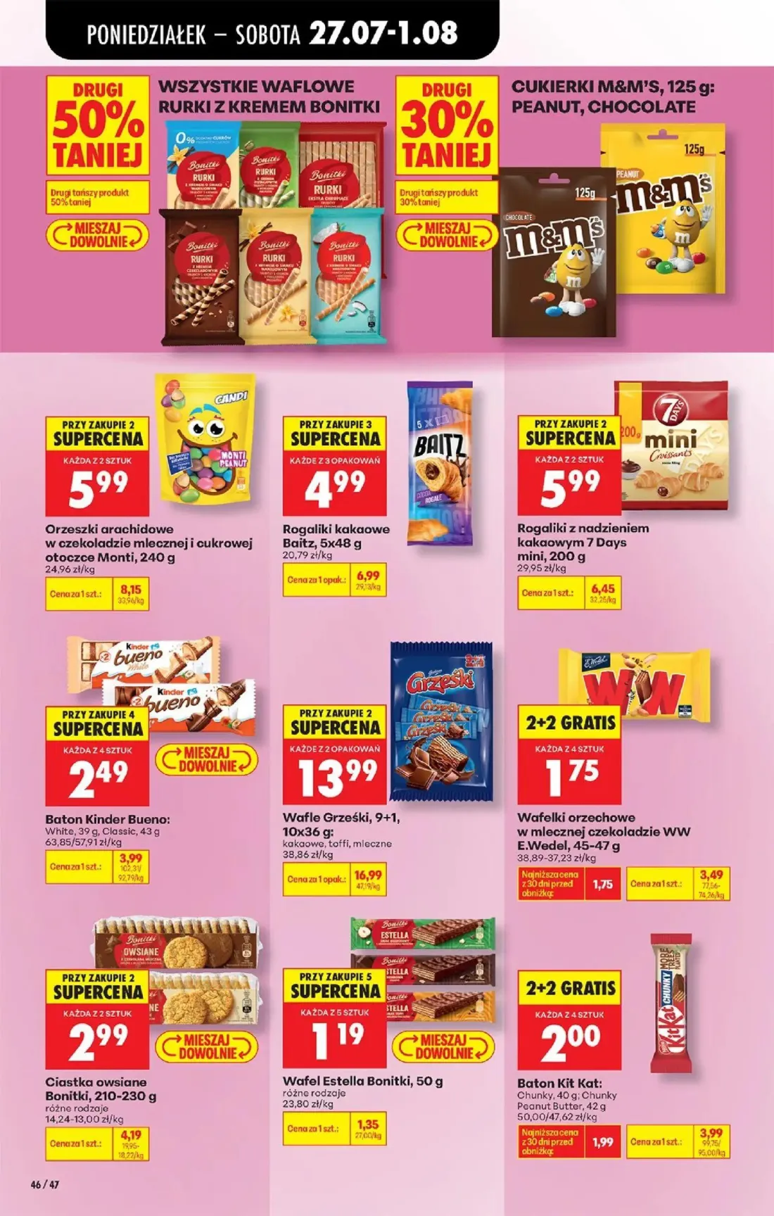 Biedronka gazetka, strona 68 z 93 — Wafle Grześki, Orzeszki arachidowe w czekoladzie mlecznej i cukrowej otoczce Monti, Roga…