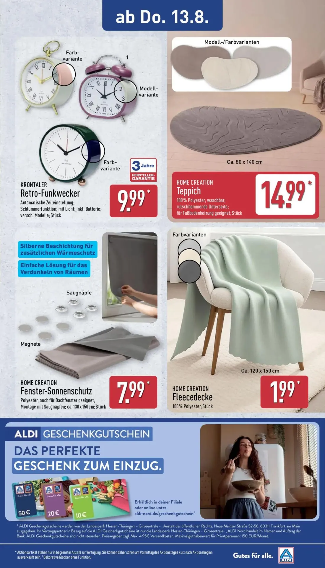 Aldi Nord Prospekt, Seite 10 von 14 — KRONTALER Retro-Funkwecker, HOME CREATION Teppich, HOME CREATION Fenster-Sonnenschutz