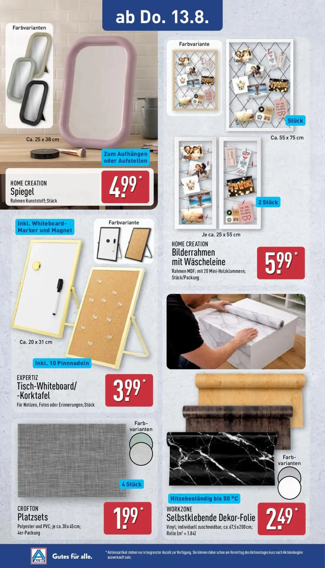 Aldi Nord Prospekt, Seite 11 von 14 — Spiegel, Bilderrahmen mit Wäscheleine, Tisch-Whiteboard/-Korktafel