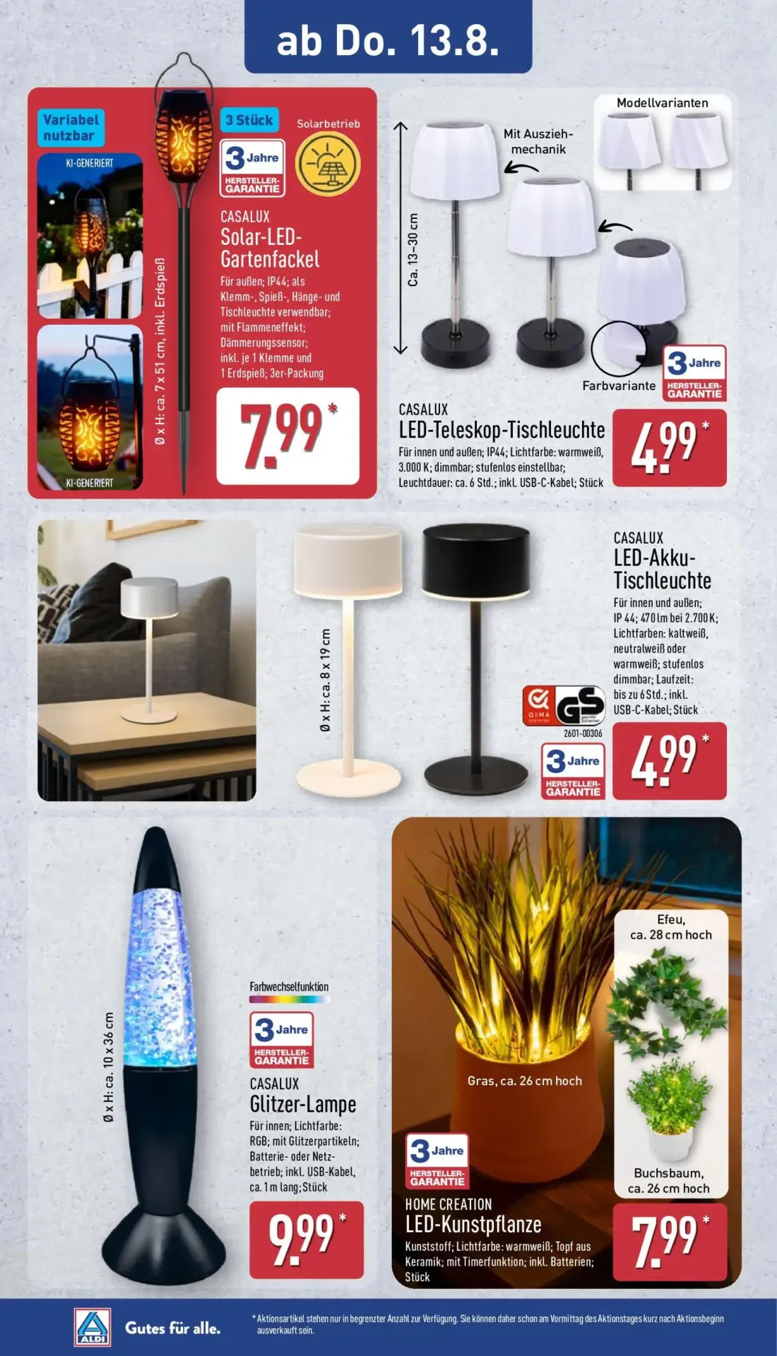 Aldi Nord Prospekt, Seite 13 von 14 — Solar-LED-Gartenfackel, LED-Teleskop-Tischleuchte, LED-Akku-Tischleuchte
