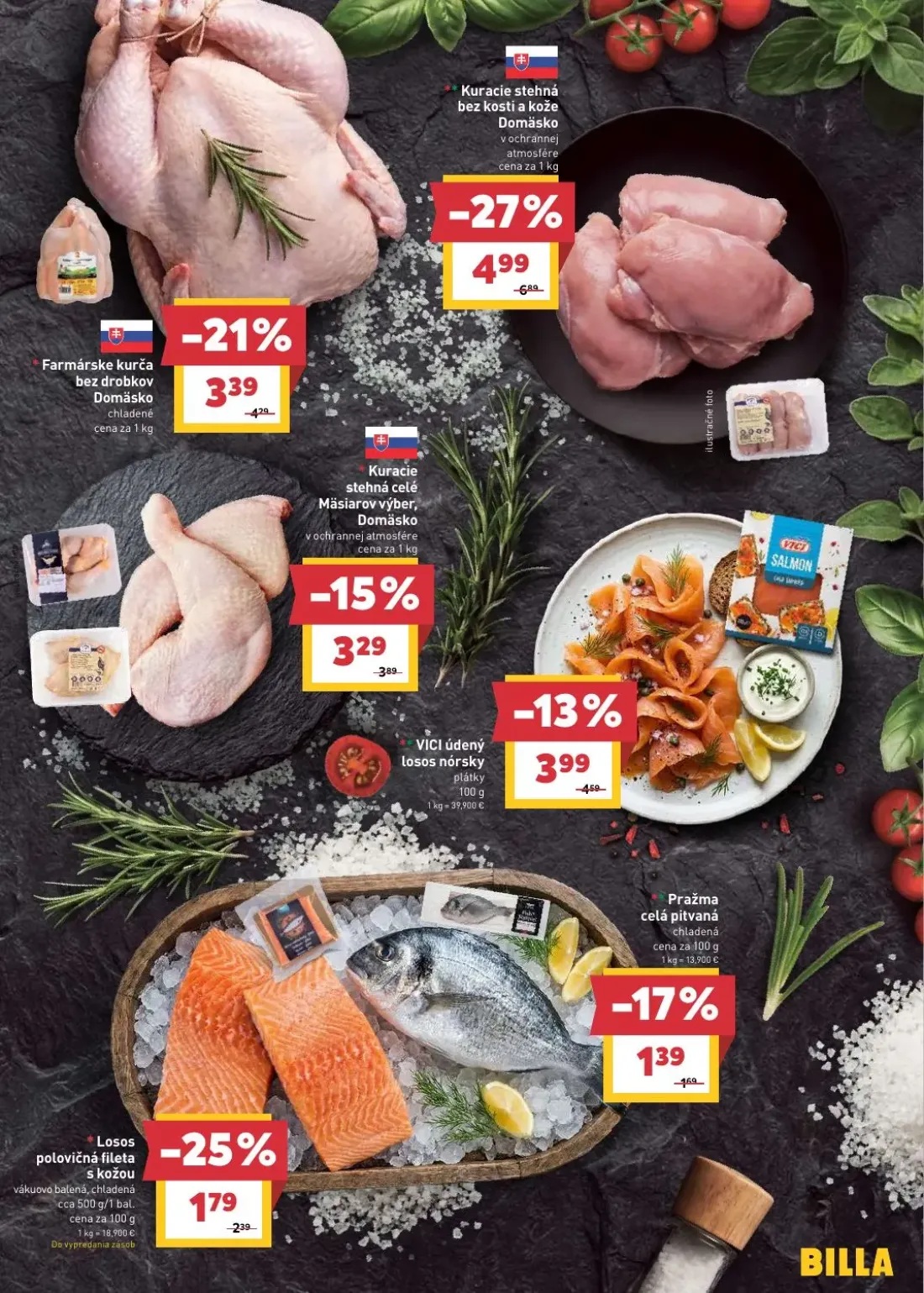 Billa leták, strana 7 z 33 — Kuracie stehná bez kosti a kože Domäsko, Farmárske kurča bez drobkov Domäsko, Kuracie stehná ce…