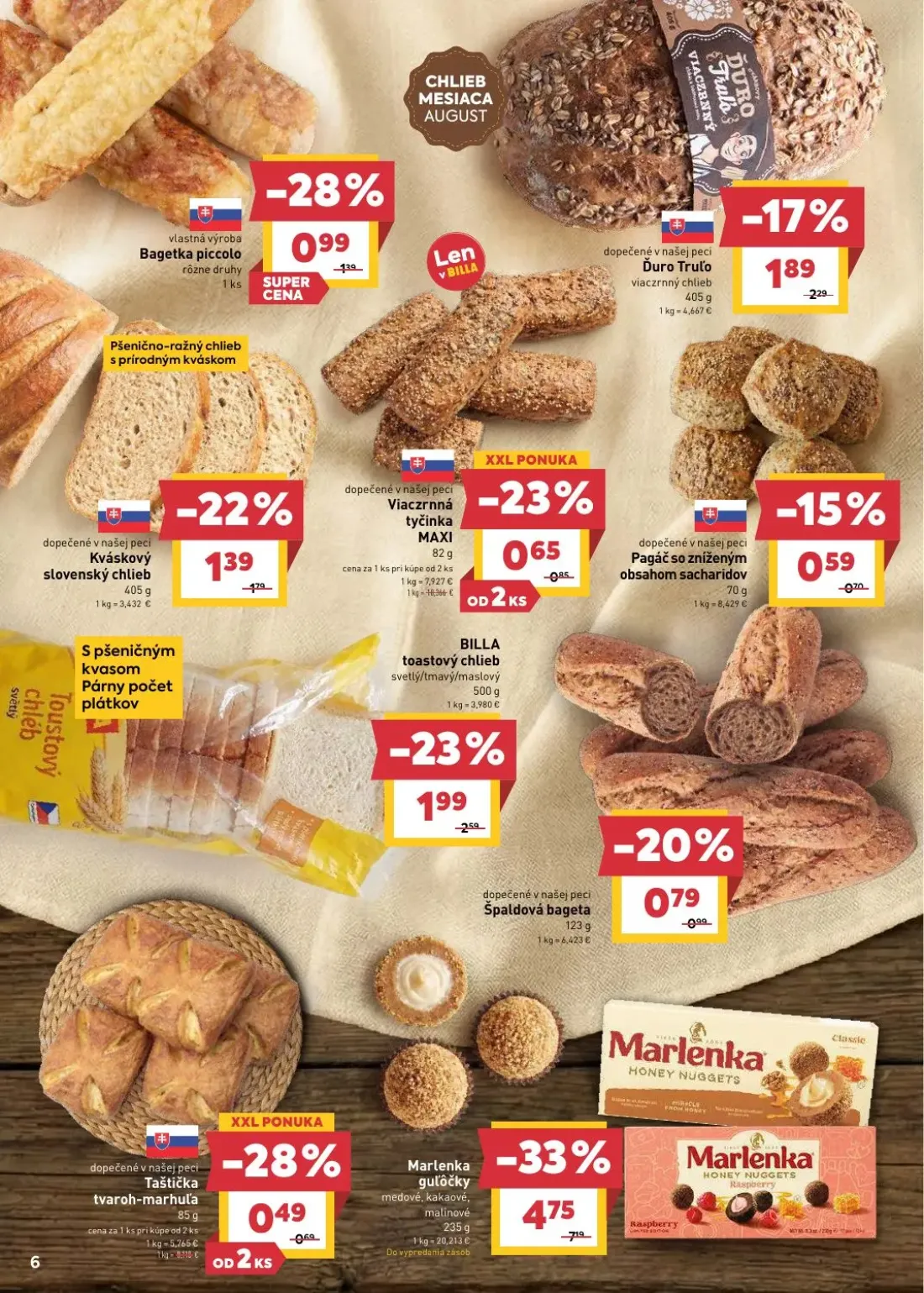 Billa leták, strana 8 z 33 — Marlenka guľôčky, BILLA toastový chlieb, Bagetka piccolo