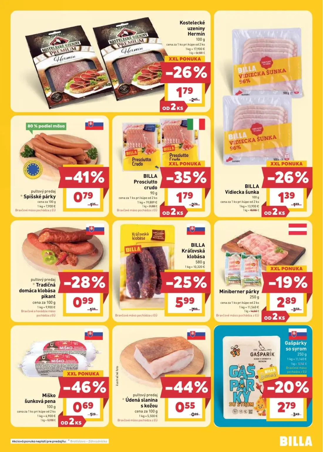 Billa leták, strana 9 z 33 — BILLA Kráľovská klobása, BILLA Prosciutto crudo, Miniberner párky
