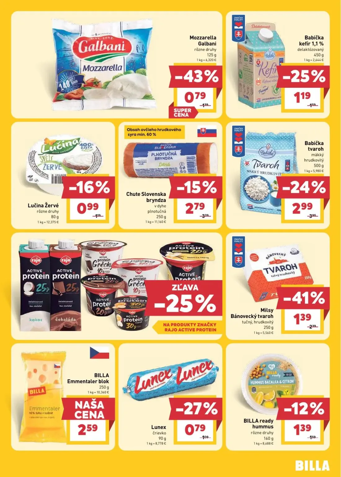 Billa leták, strana 11 z 33 — Milsy Bánovecký tvaroh, Babička tvaroh mäkký hrudkovitý, Mozzarella Galbani