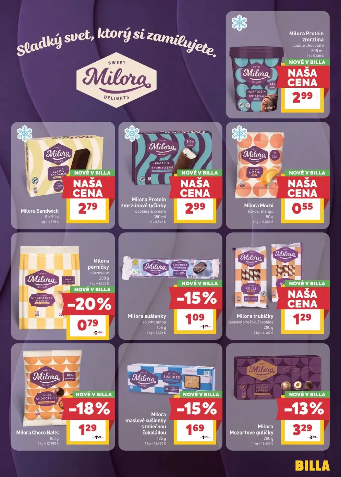 Billa leták, strana 19 z 33 — Milora Mozartove guličky, Milora Choco Balls, Milora maslové sušienky s mliečnou čokoládou