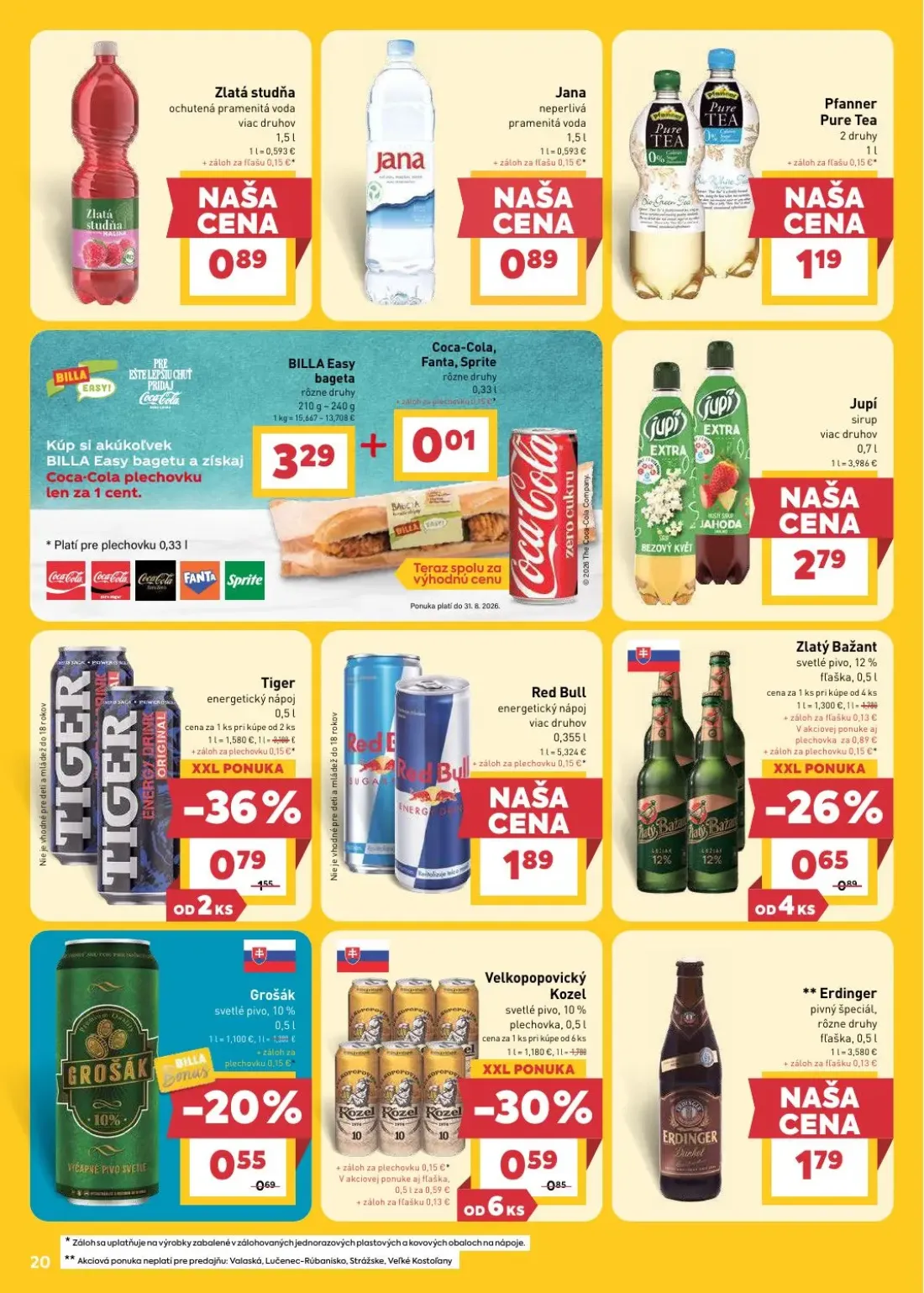 Billa leták, strana 22 z 33 — Tiger energetický nápoj, Velkopopovický Kozel svetlé pivo, 10% plechovka, Zlatý Bažant svetlé …