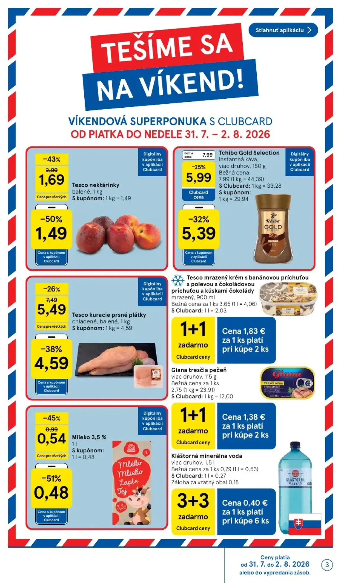 Tesco leták, strana 3 z 53 — Tesco kuracie prsné plátky chladené, Tchibo Gold Selection instantná káva, Tesco mrazený krém s…
