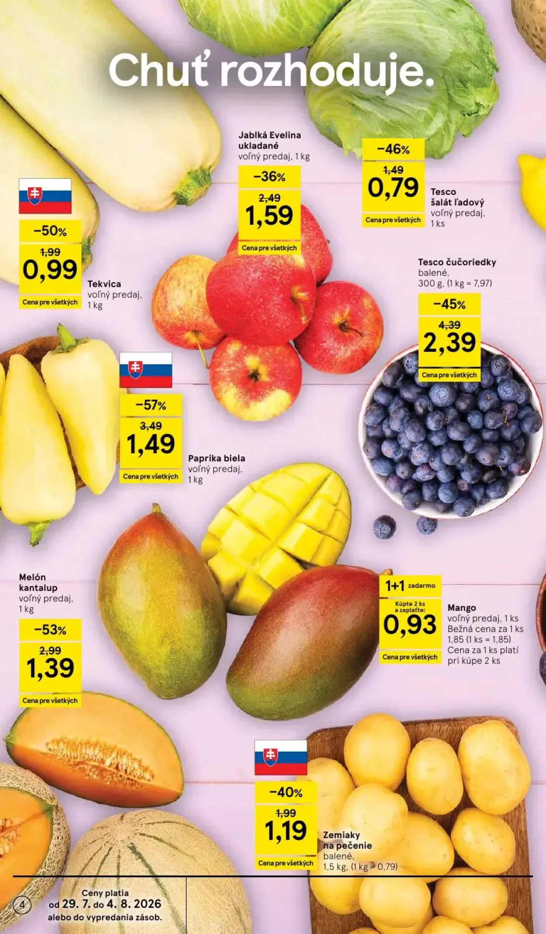Tesco leták, strana 4 z 53 — Paprika biela, Tesco čučoriedky balené, Melón kantalup