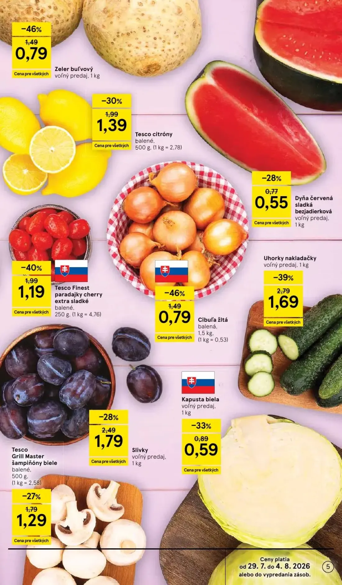 Tesco leták, strana 5 z 53 — Uhorky nakladačky, Tesco Finest paradajky cherry extra sladké, Zeler buľ'vový