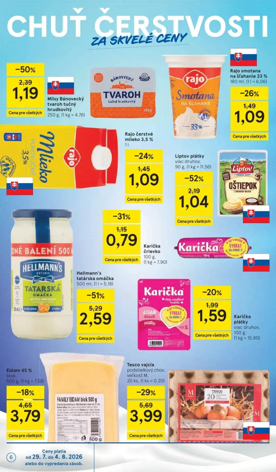 Tesco leták, strana 6 z 53 — Hellmann's tatárska omáčka, Tesco vajcia podstielkový chov. veľkosť M, Milsy Bánovecký tvaroh t…