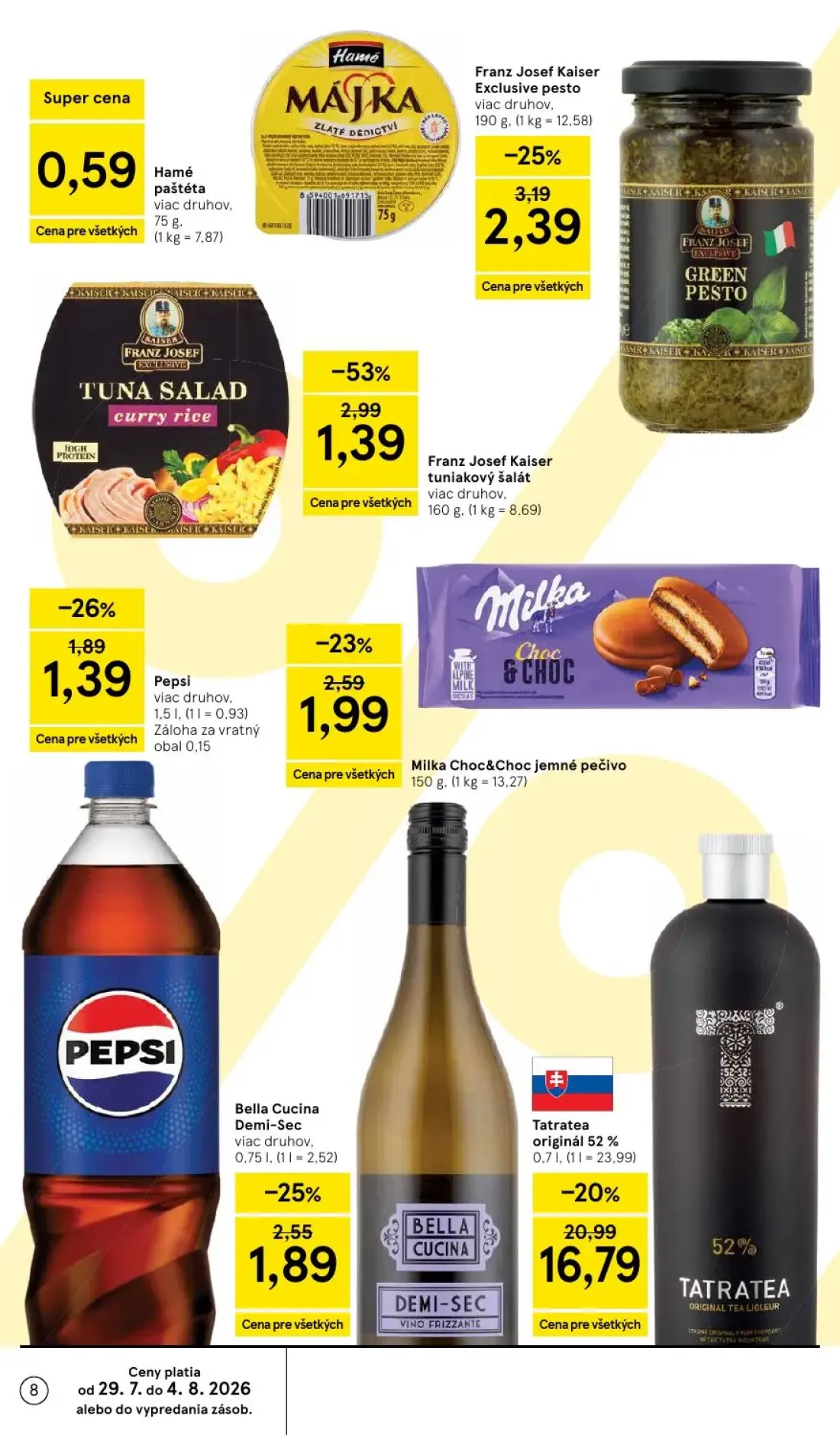 Tesco leták, strana 8 z 53 — Tatratea originál 52%, Franz Josef Kaiser tuniakový šalát, Franz Josef Kaiser Exclusive pesto