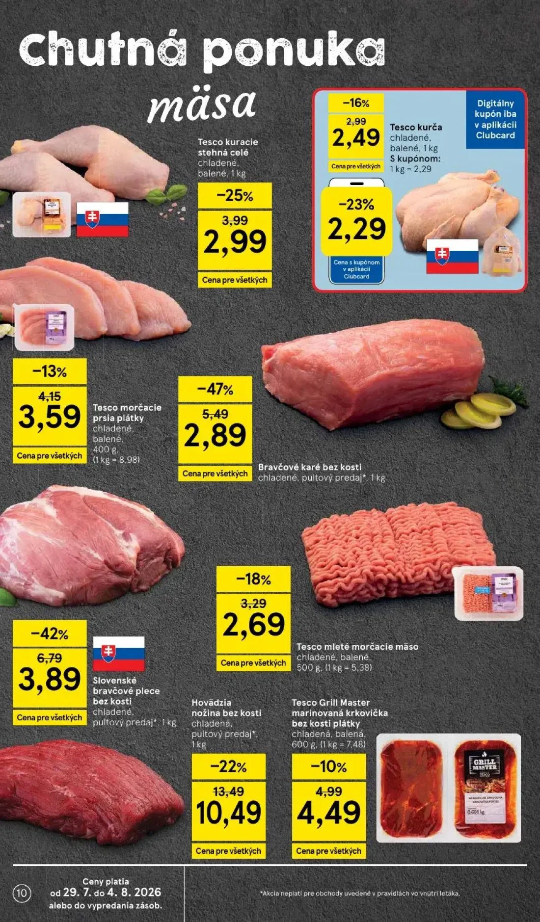 Tesco leták, strana 10 z 53 — Hovädzia nožina bez kosti chladená, pultový predaj*, Slovenské bravčové plece bez kosti chlade…