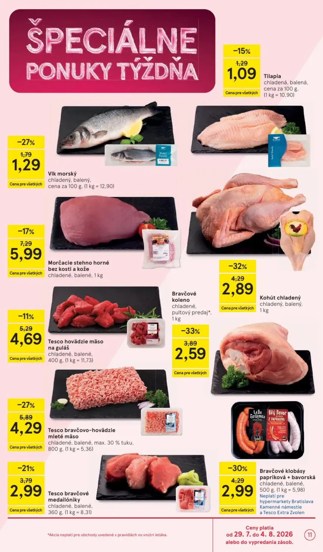 Tesco leták, strana 11 z 53 — Tesco bravčovo-hovädzie mleté mäso, Kohút chladený, Morčacie stehno horné bez kosti a kože