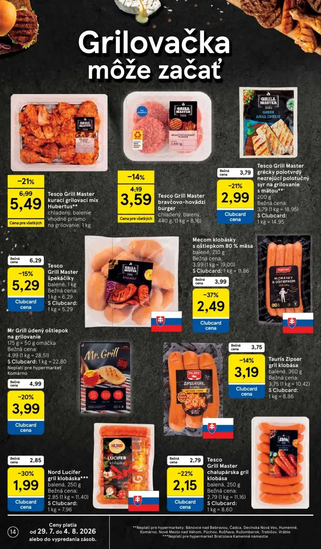 Tesco leták, strana 14 z 53 — Tesco Grill Master kurací grilovací mix Hubertus, Mecom klobásky s oštiepkom 80% mäsa, Tesco G…