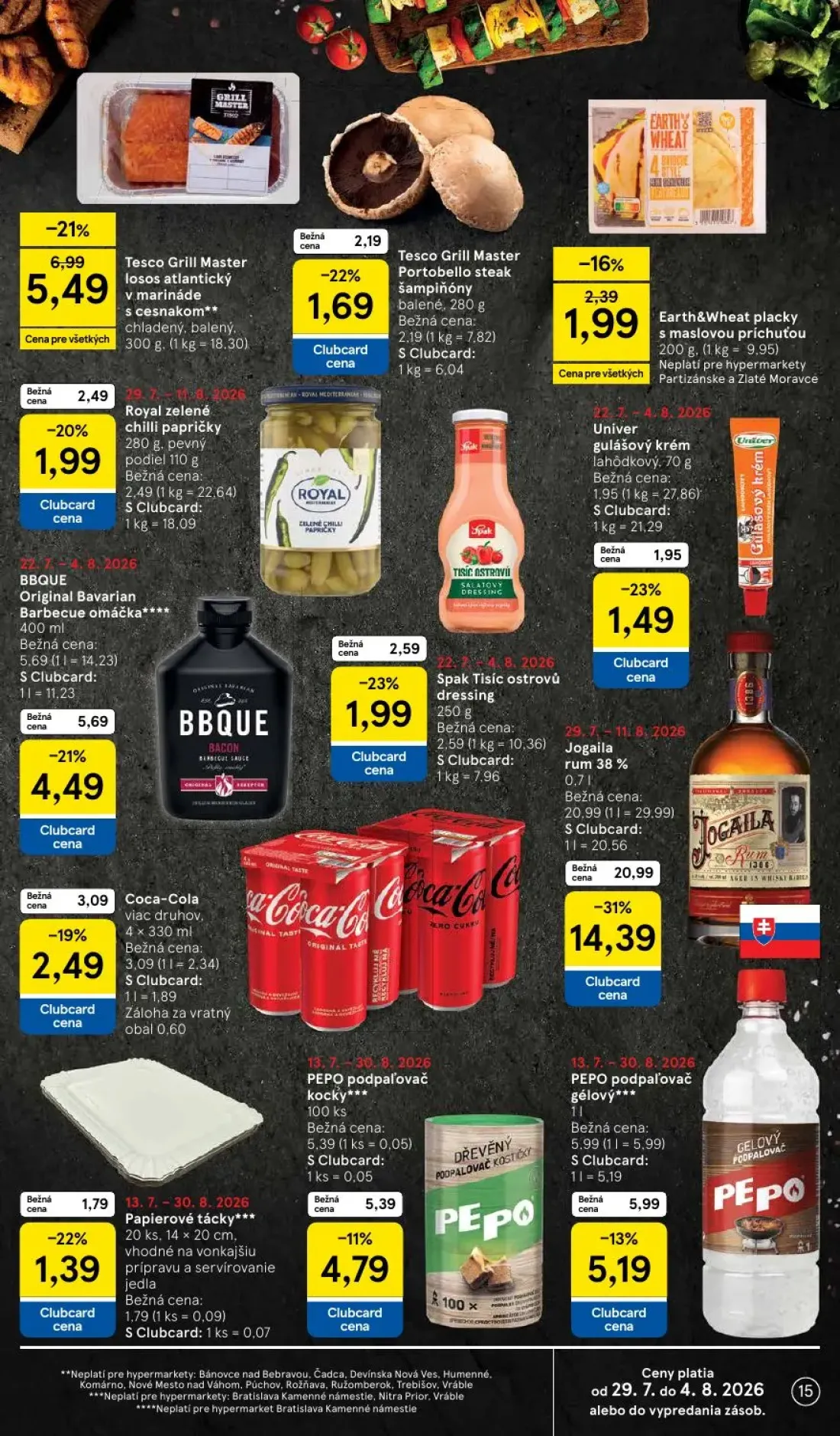 Tesco leták, strana 15 z 53 — Jogaila rum 38%, Tesco Grill Master losos atlantický v marináde s cesnakom, BBQUE Original Bav…
