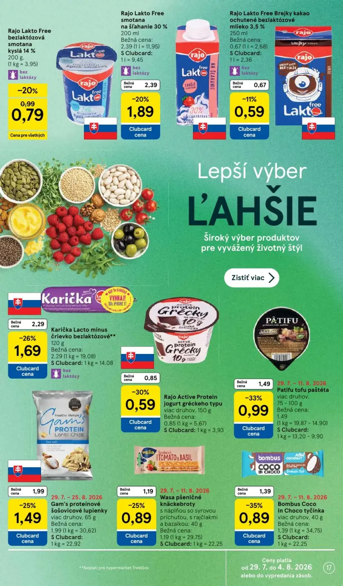 Tesco leták, strana 17 z 53 — Karička Lacto mínus črievko bezlaktózové, Rajo Lakto Free smotana na šľahanie 30%, Patifu tofu…