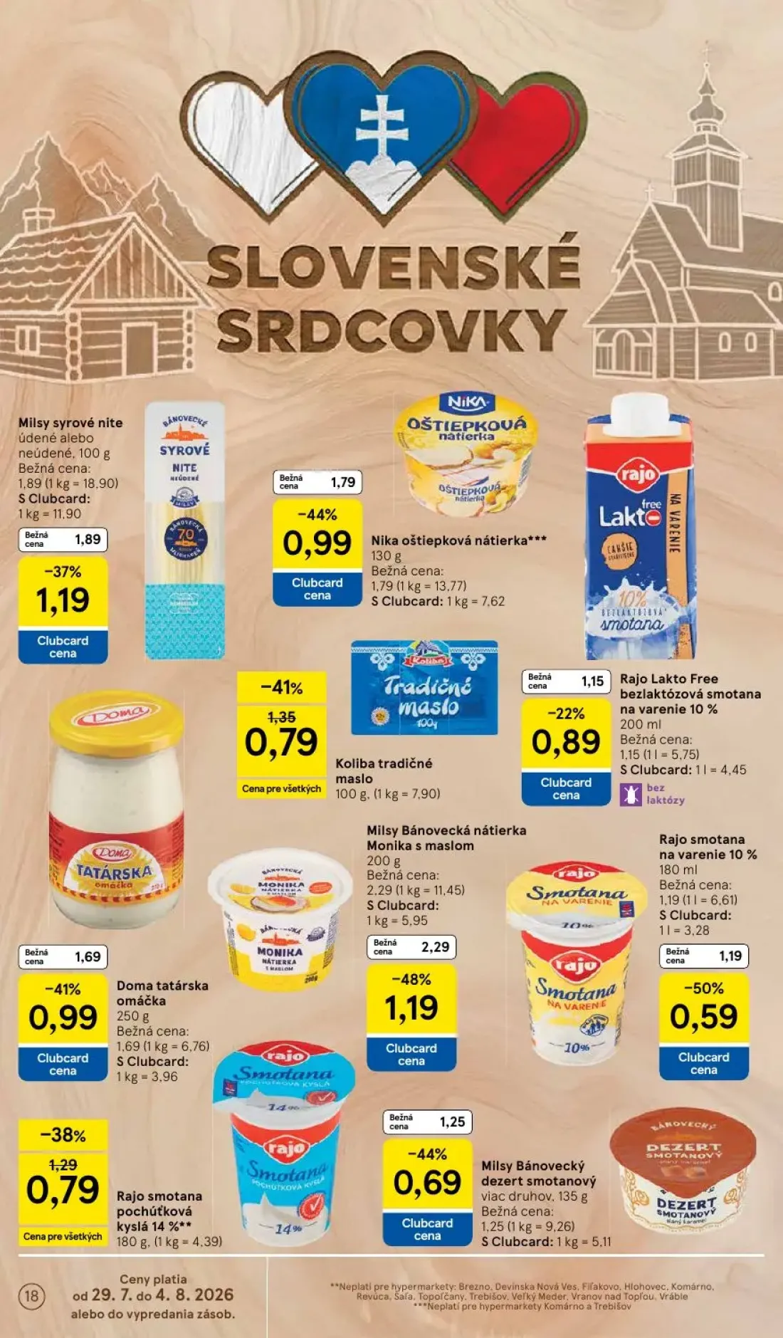 Tesco leták, strana 18 z 53 — Milsy Bánovecká nátierka Monika s maslom, Nika oštiepková nátierka, Milsy syrové nite údené al…