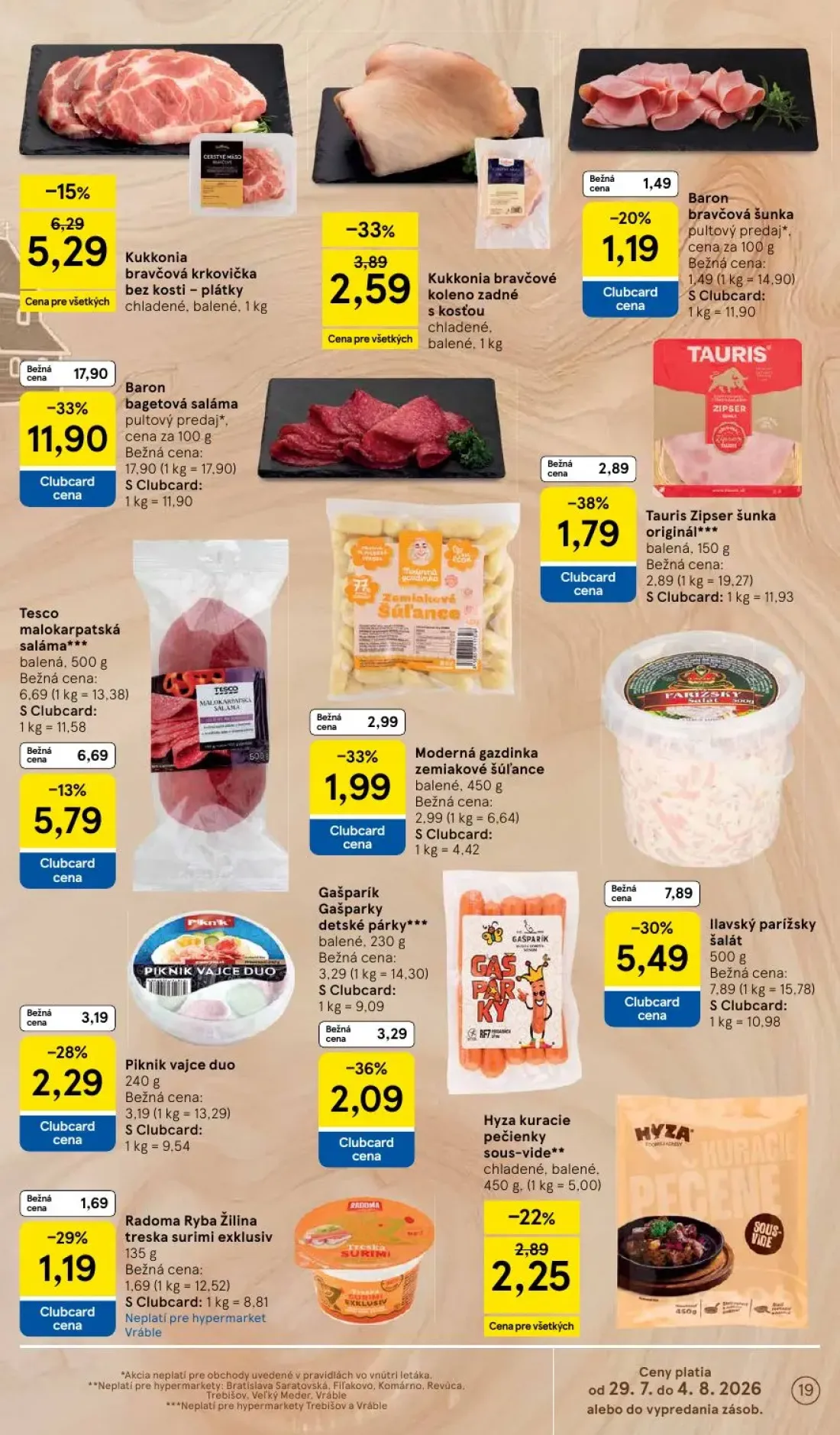 Tesco leták, strana 19 z 53 — Baron bagetová saláma, Ilavský parížsky šalát, Kukkonia bravčové koleno zadné s kosťou