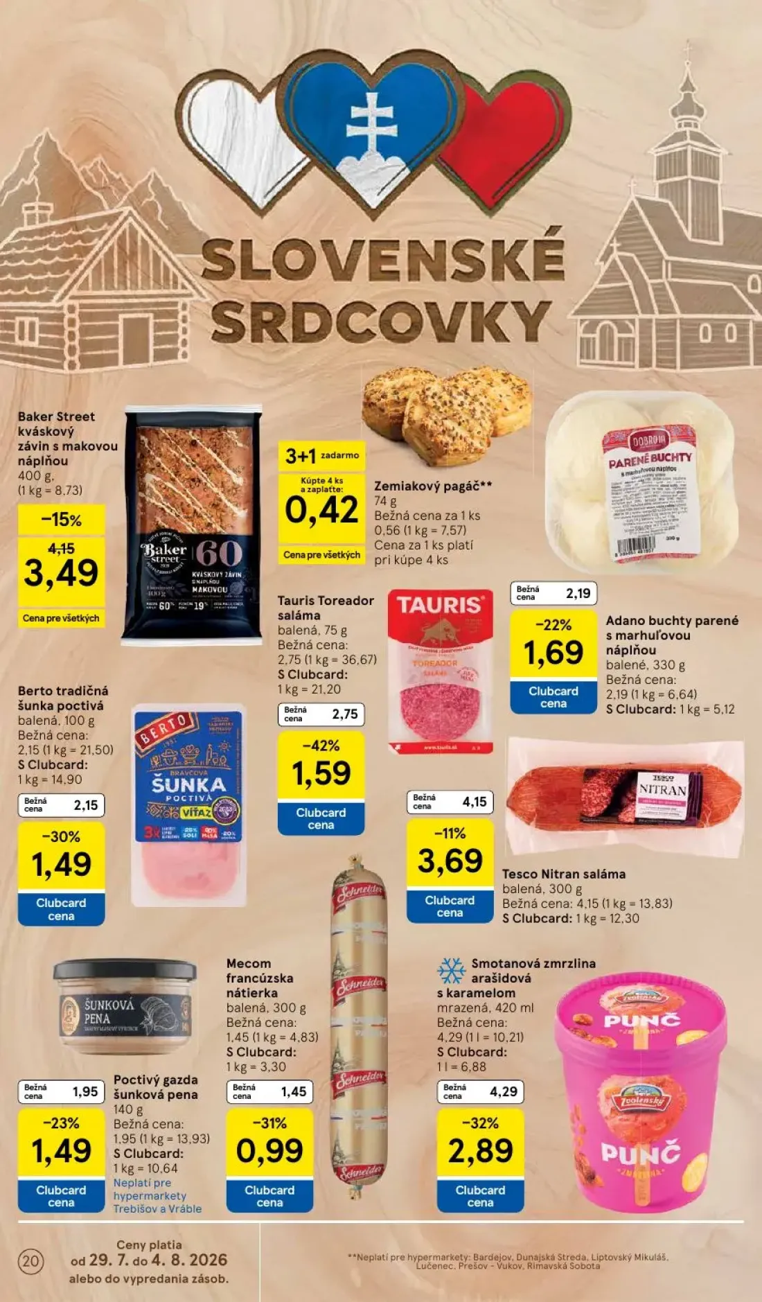 Tesco leták, strana 20 z 53 — Smotanová zmrzlina arašidová s karamelom, Tauris Toreador saláma, Baker Street kváskový závin …
