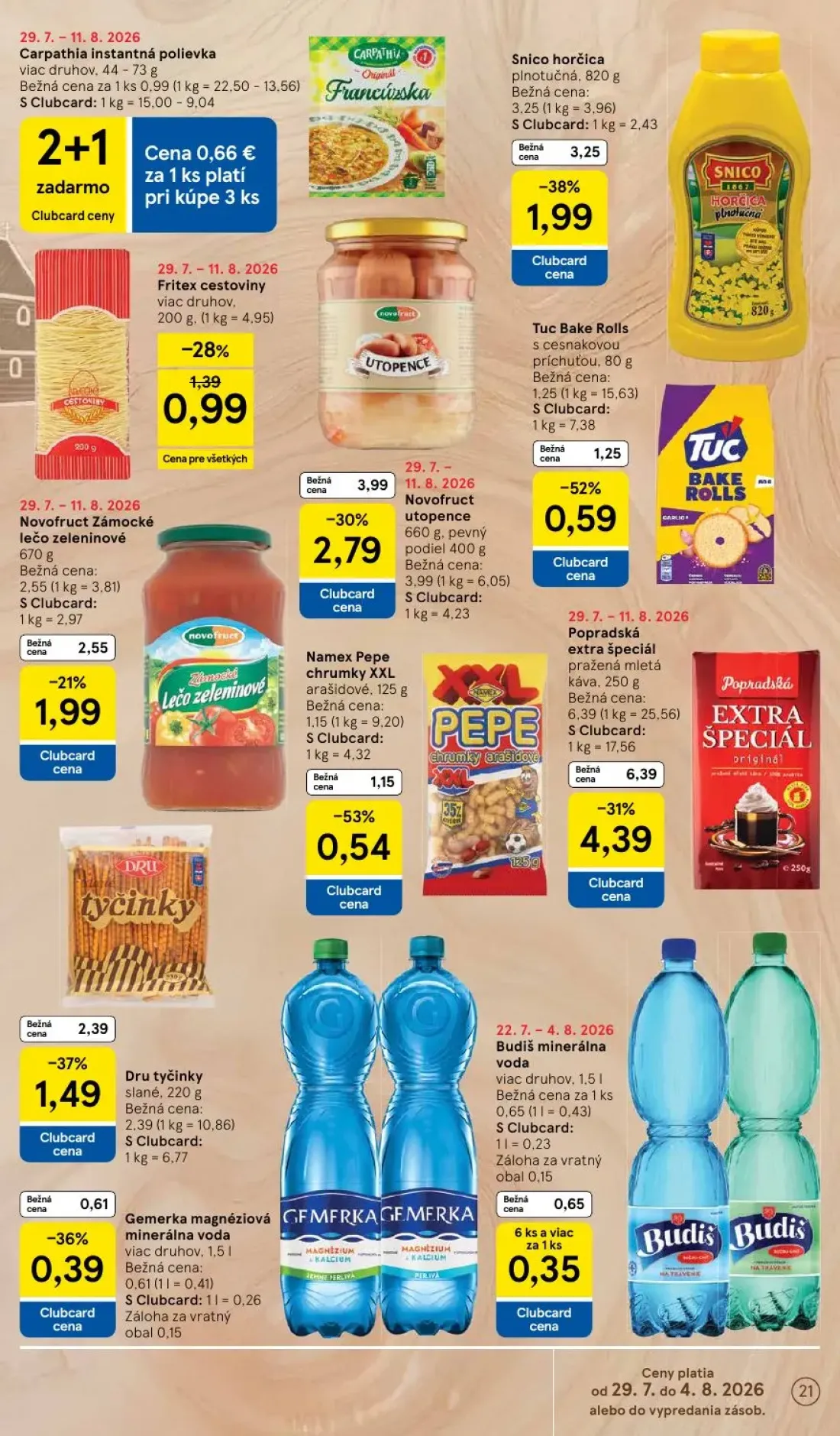 Tesco leták, strana 21 z 53 — Popradská extra špeciál pražená mletá káva, Snico horčica plnotučná, Novofruct utopence