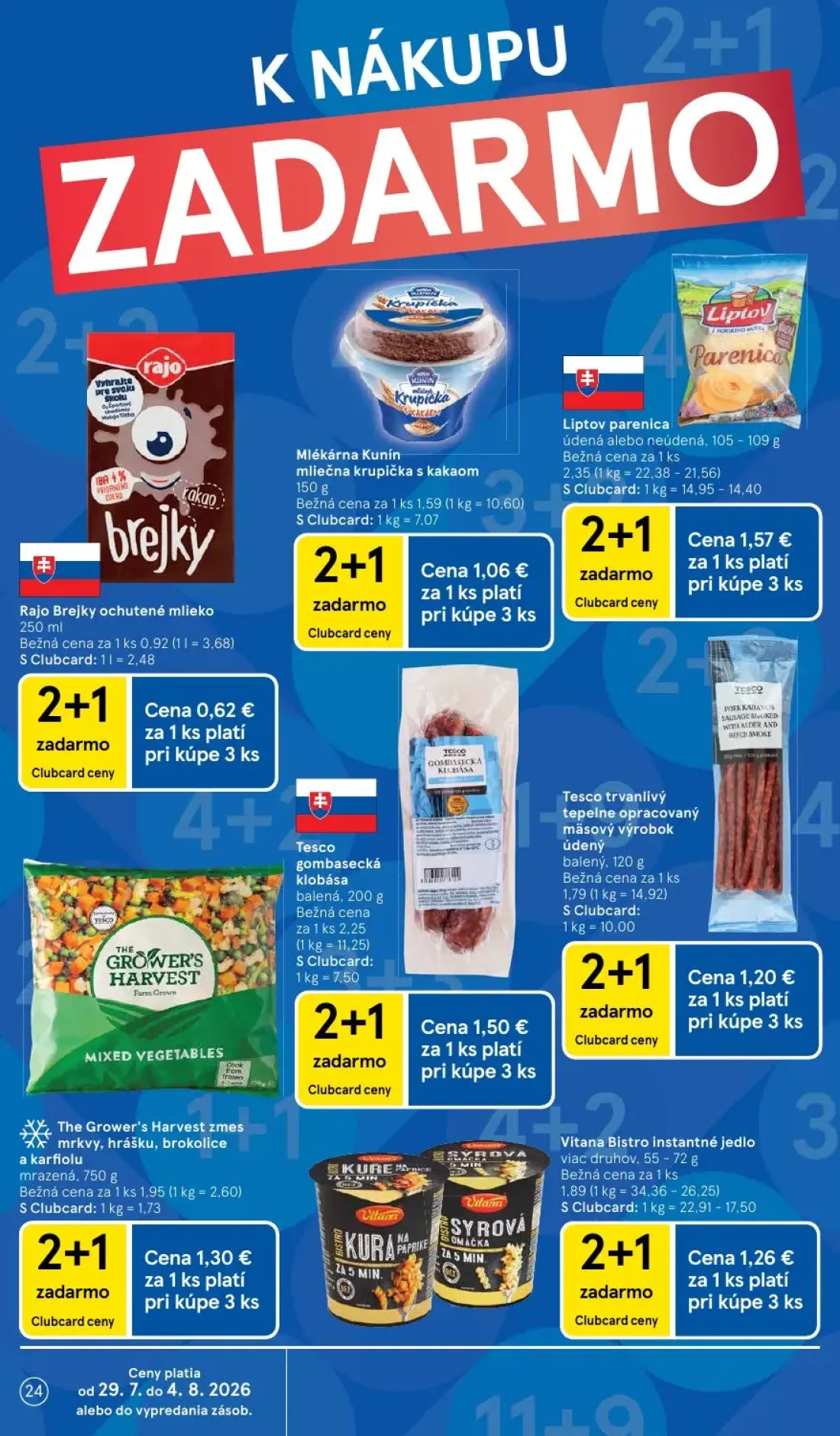 Tesco leták, strana 24 z 53 — Liptov parenica údená alebo neúdená, Tesco gombasecká klobása, The Grower's Harvest zmes mrkvy…