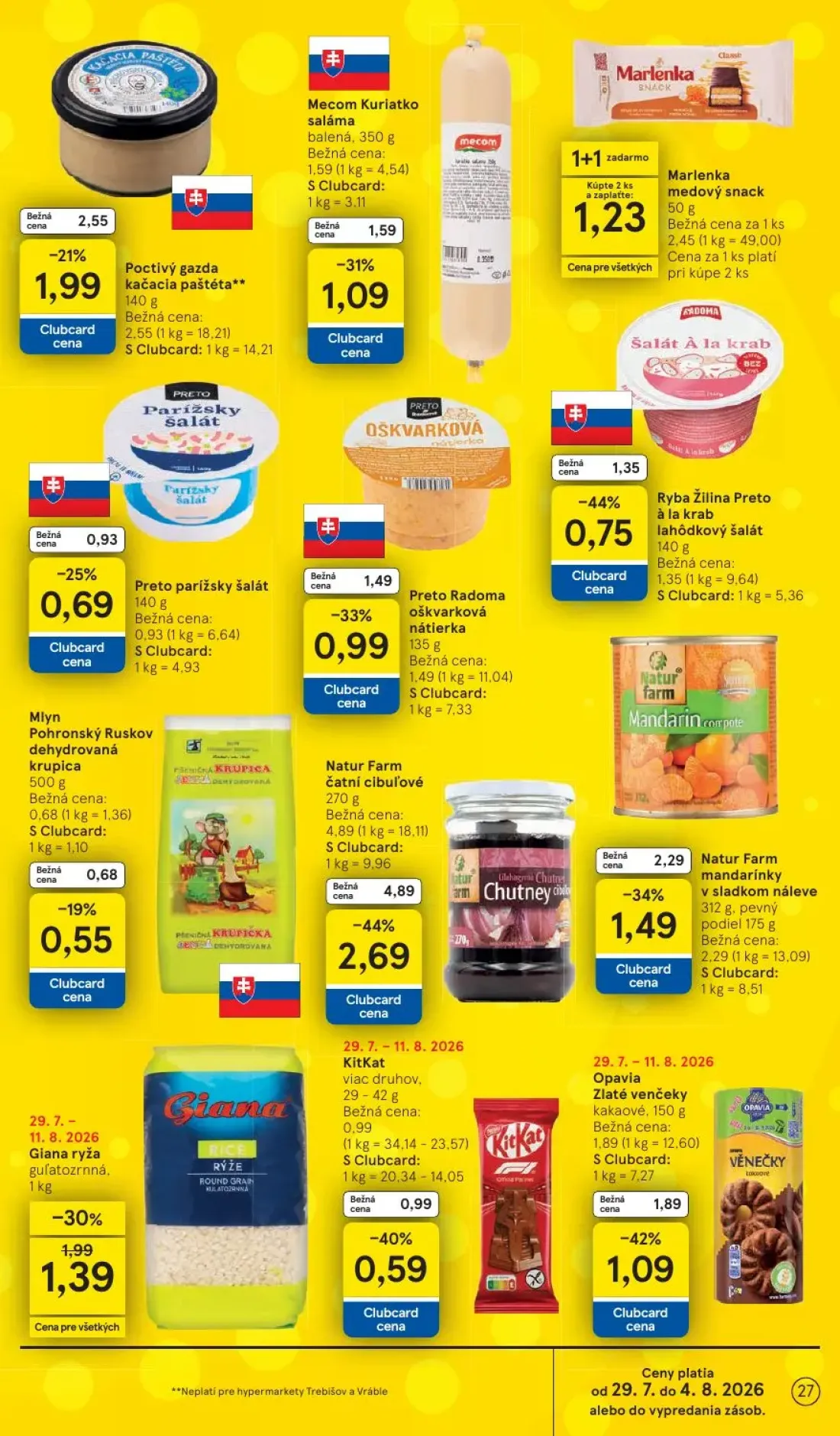 Tesco leták, strana 27 z 53 — Natur Farm čatní cibuľové, Marlenka medový snack, Natur Farm mandarínky v sladkom náleve