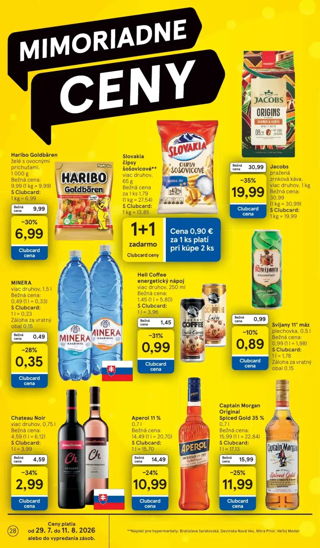 Tesco leták, strana 28 z 53 — Jacobs pražená zrnková káva, Captain Morgan Original Spiced Gold 35%, Aperol 11%