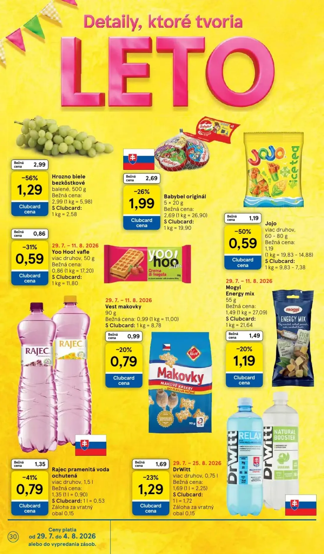 Tesco leták, strana 30 z 53 — Hrozno biele bezkôstkové balené, Babybel originál, Jojo viac druhov
