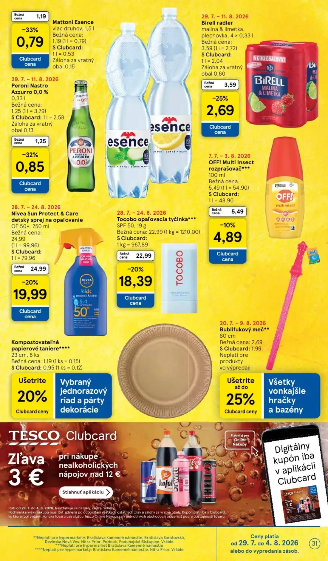 Tesco leták, strana 31 z 53 — Nivea Sun Protect & Care detský sprej na opaľovanie OF 50+, Tocobo opaľovacia tyčinka SPF 50, …