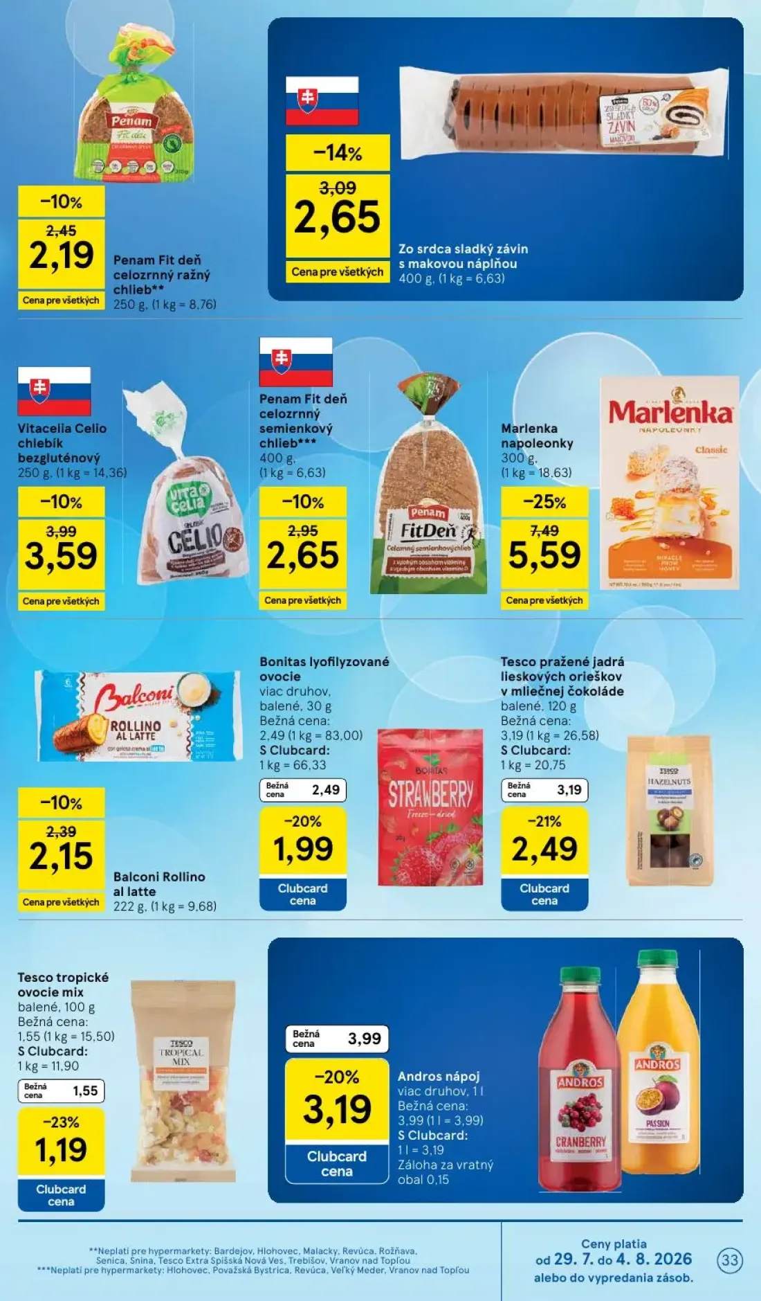 Tesco leták, strana 33 z 53 — Marlenka napoleonky, Andros nápoj, Tesco pražené jadrá lieskových orieškov v mliečnej čokoláde