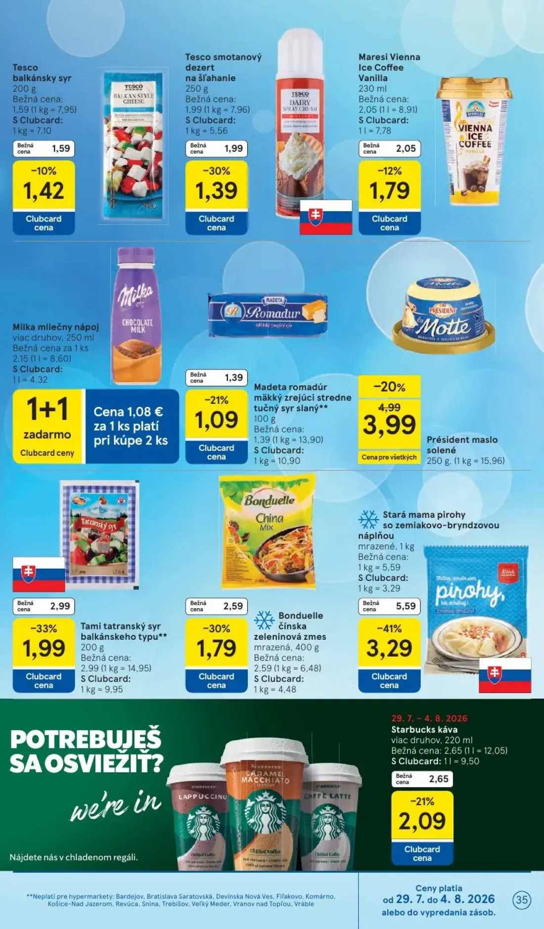 Tesco leták, strana 35 z 53 — Stará mama pirohy so zemiakovo-bryndzovou náplňou mrazené, Milka mliečny nápoj viac druhov, Pr…