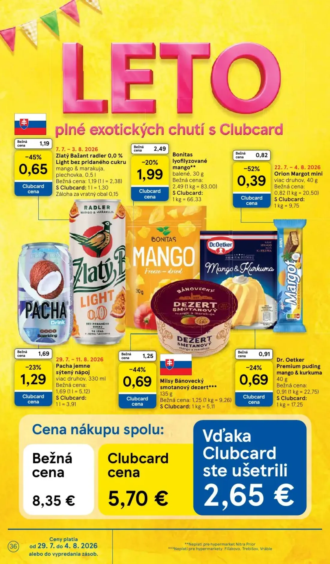Tesco leták, strana 36 z 53 — Milsy Bánovecký smotanový dezert, Zlatý Bažant radler 0,0% Light bez pridaného cukru mango & m…