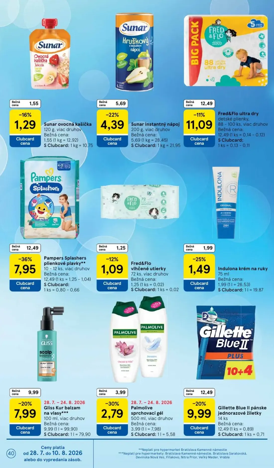 Tesco leták, strana 40 z 53 — Pampers Splashers plienkové plavky**, Gillette Blue II pánske jednorazové žiletky, Gliss Kur b…