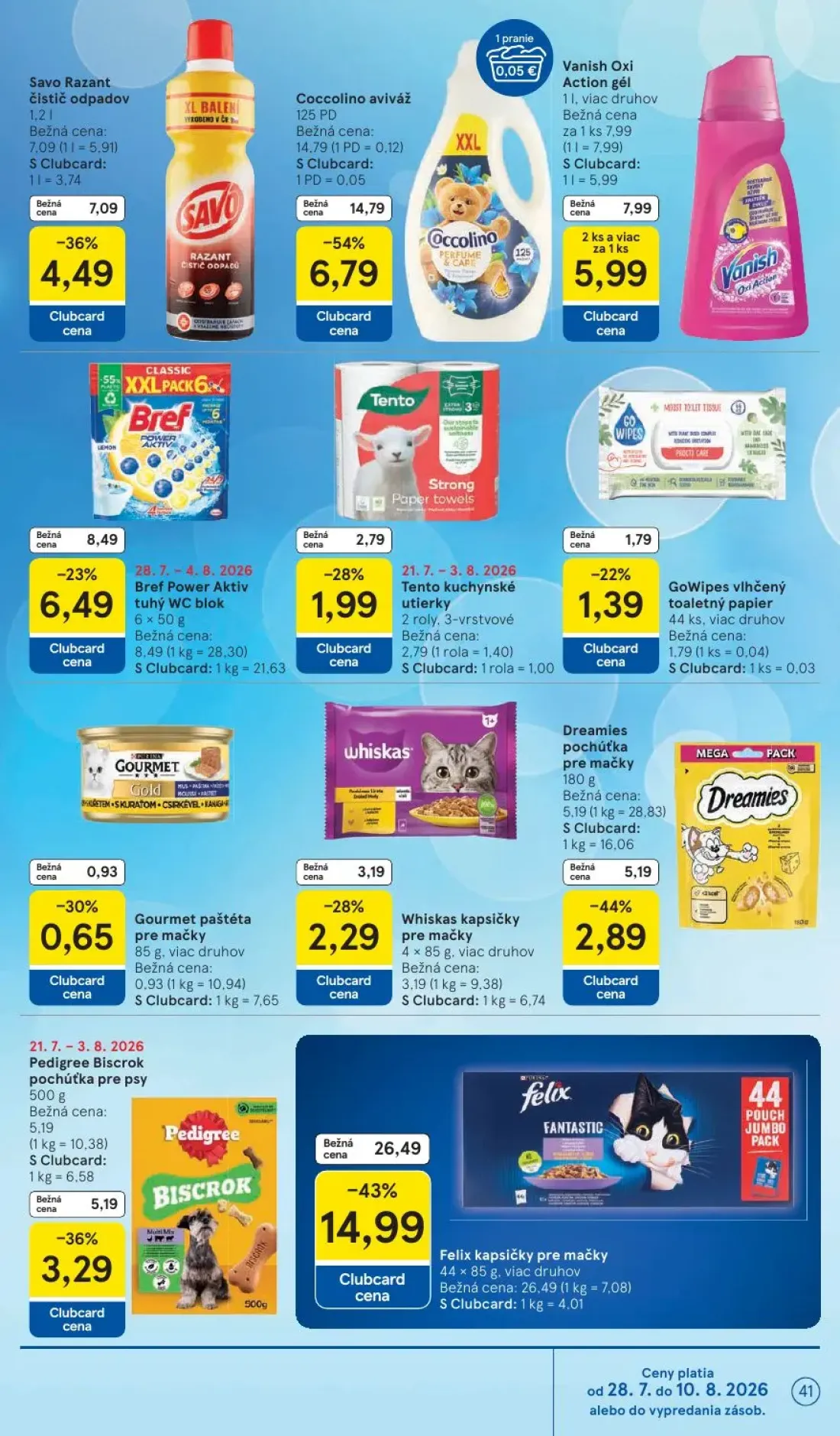 Tesco leták, strana 41 z 53 — Felix kapsičky pre mačky, Coccolino aviváž, Savo Razant čistič odpadov