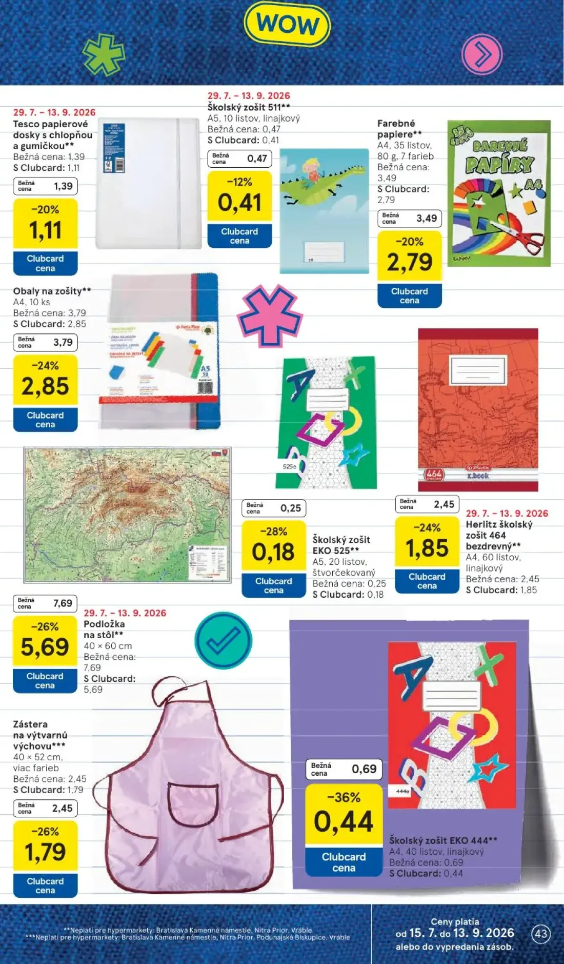 Tesco leták, strana 43 z 53 — Podložka na stôl, Obaly na zošity, Farebné papiere