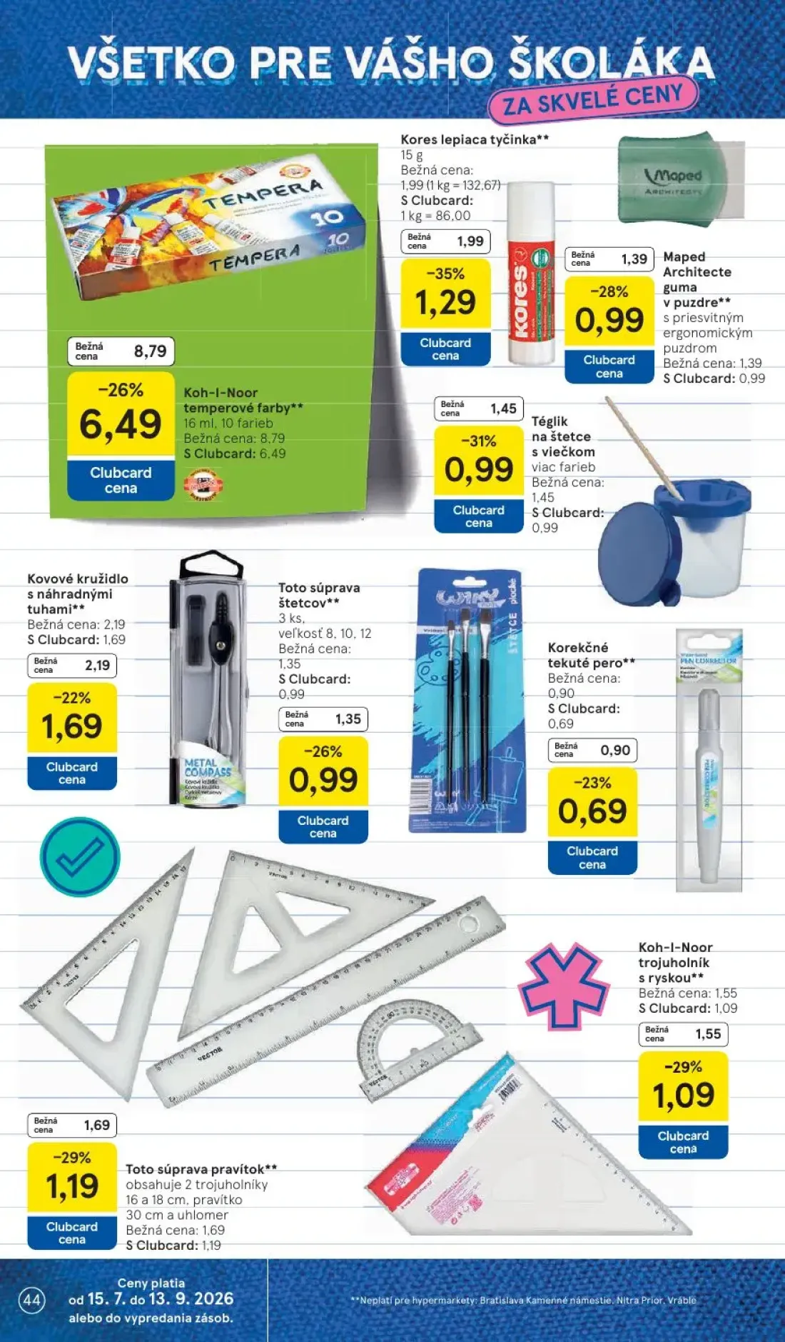 Tesco leták, strana 44 z 53 — Koh-I-Noor temperové farby, Kores lepiaca tyčinka, Kovové kružidlo s náhradnými tuhami