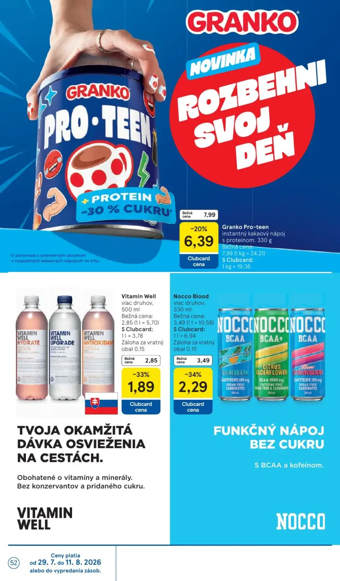 Tesco leták, strana 52 z 53 — Granko Pro-teen instantný kakaový nápoj s proteínom, Nocco Blood viac druhov, Vitamin Well via…