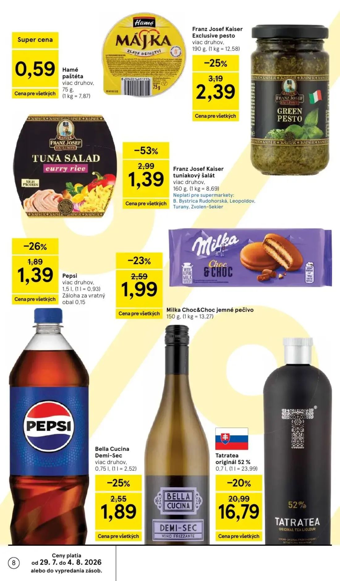 Tesco Supermarket leták, strana 8 z 30 — Tatratea originál 52%, Franz Josef Kaiser tuniakový šalát, Franz Josef Kaiser Exclu…