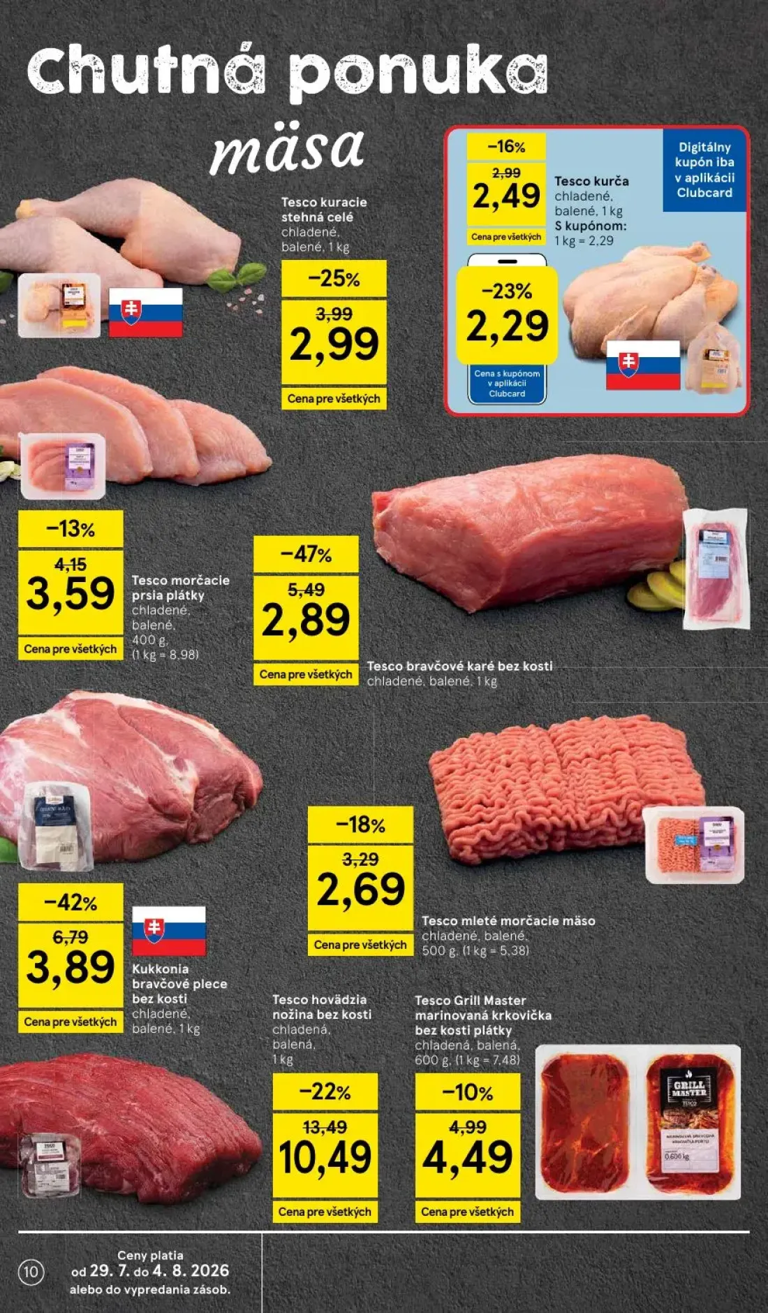 Tesco Supermarket leták, strana 10 z 30 — Tesco hovädzia nožina bez kosti chladená, balená, Kukkonia bravčové plece bez kost…