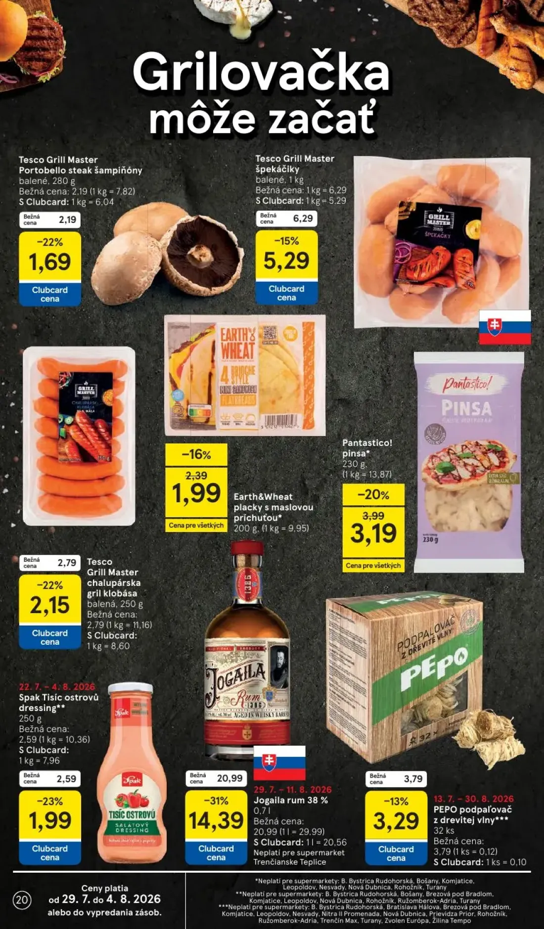 Tesco Supermarket leták, strana 20 z 30 — Jogaila rum 38%, Tesco Grill Master špekáčiky, Pantastico! pinsa