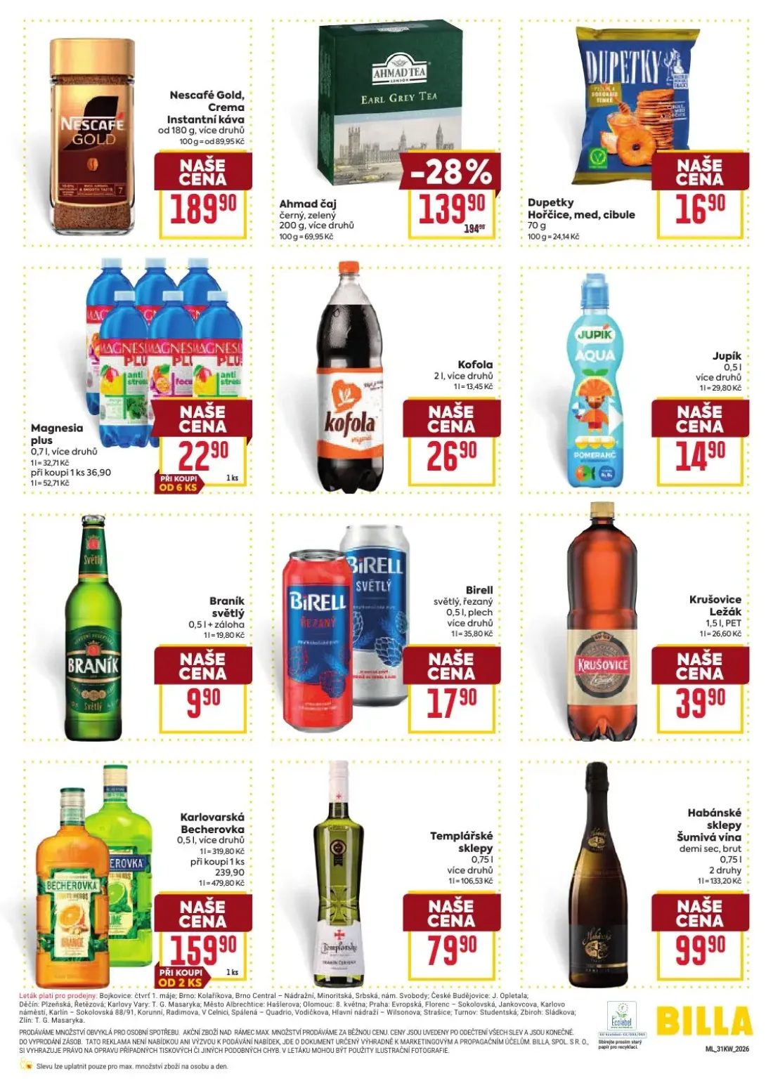 Billa leták, strana 6 z 8 — Karlovarská Becherovka, Ahmad čaj, Magnesia plus