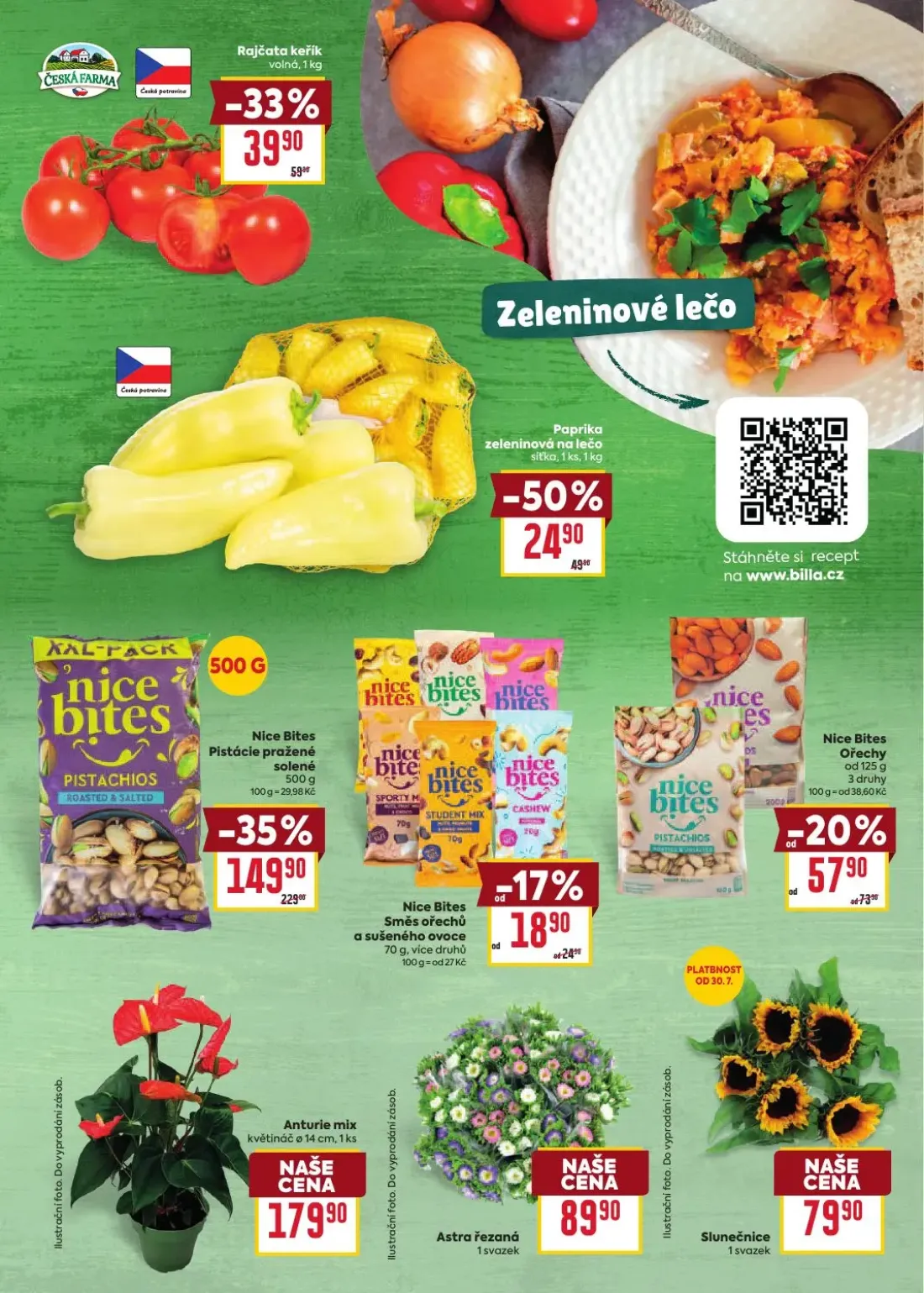 Billa leták, strana 9 z 38 — Nice Bites Pistácie pražené solené, Paprika zeleninová na lečo, Rajčata keřík